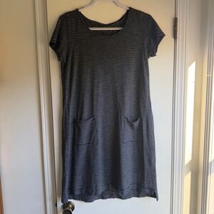 Eileen Fisher Striped Jersey Knit T-Shirt Dress Pockets Short Sleeve